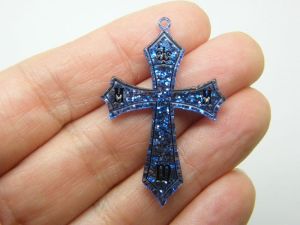 6 Cross pendants blue glitter acrylic C96