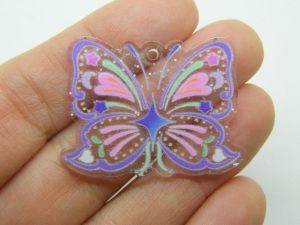 4 Butterfly pendants clear purple pink acrylic A740