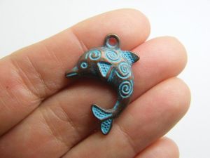 8 Dolphin charms copper and blue patina tone FF28
