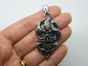 1 Skull snake pendant antique silver tone stainless steel HC1323