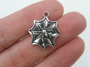 8 Spider in a spiderweb charms antique silver tone HC128