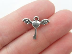 14 Key heart wings charms antique silver tone K52