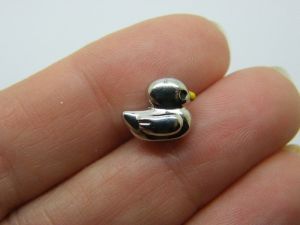 4 Duck bird spacer beads silver tone with yellow enamel  B64