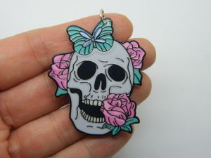 4 Skull rose Day of the dead pendants white acrylic HC507