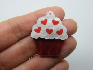 4  Heart cupcake pendant  red white acrylic FD560
