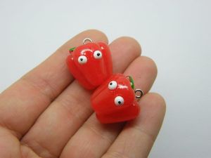 4 Red pepper face vegetable pendants charms red green resin FD398