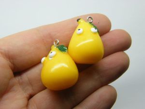 4 Pear face fruit pendants charms yellow green resin FD354