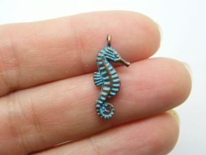 8 Seahorse charms copper and blue patina tone FF593
