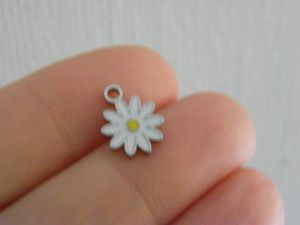 2 Daisy flower charms white yellow silver stainless steel F103