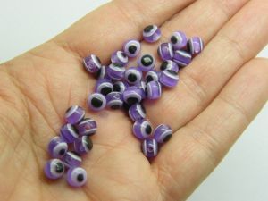 50 Evil eye 6mm beads lilac purple white and black resin AB142