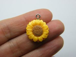 4 Sunflower charms orange brown resin silver screw bails F80