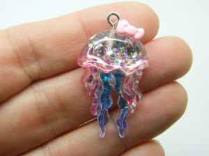 4 Jellyfish charms clear pink blue acrylic FF716