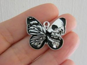 4 Moth butterfly skull charms black and silver tone HC55