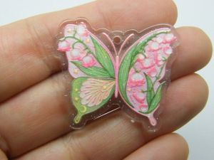 4 Butterfly flowers pendants clear pink white green acrylic A519