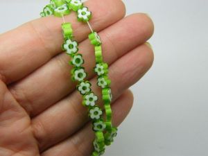 64 Millefiori beads flat flower white grass green 6mm glass B