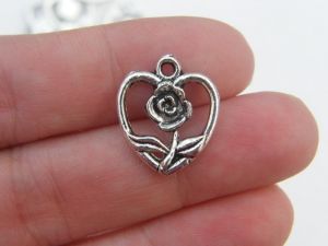 10 Rose heart charms antique silver tone H14