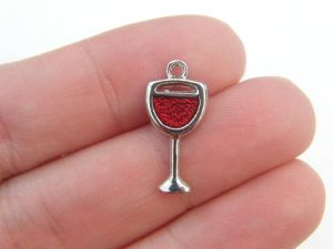 BULK 20 Wine glass charms with red enamel silver tone FD10