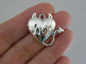 6 Heart devil flame charms silver plated tone HC154