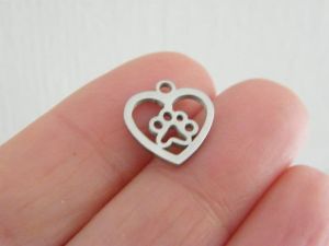 4 Paw print heart charm silver stainless steel A119