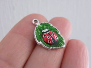 6 Ladybug leaf charms green red silver tone A1229