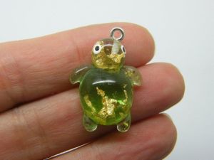 4 Turtle tortoise  charms  green and gold foil resin silver screw bail  FF5