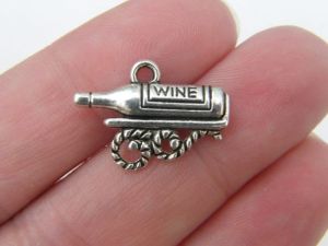 10 Bottle of wine charms antique silver tone FD16
