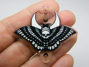 2  Moth skull Halloween pendants clear black white acrylic HC316
