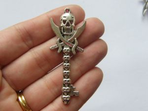 2 Skull sword key pendants antique silver tone K31