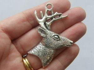 2 Stag buck deer pendants antique silver tone A228