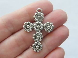 4 Flower cross pendants antique silver tone C54