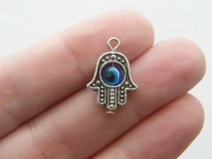 6 Hamsa hand spacer beads with blue evil eye beads antique silver tone I67