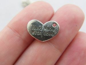 10 Hand made with love heart charms antique silver tone M140