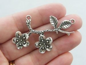 2 Branch with flowers connector charms antique silver tone F89