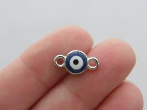 6 Dark blue evil eye connector charms antique silver tone I32