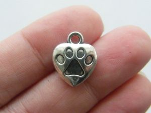 BULK 30 Heart with paw prints charms antique silver tone A462