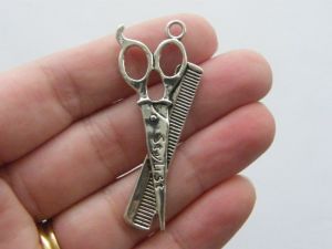 4 Hairdresser comb scissors pendants antique silver tone P294