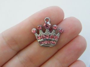 2 Pink rhinestone crown charms silver tone CA2