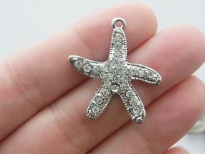 4 Starfish rhinestone pendants antique silver tone FF314