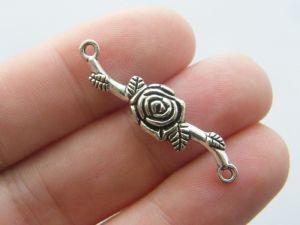 8 Rose flower connector charms antique silver tone F104