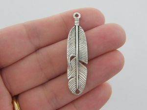 4 Feather connector charms antique silver tone B222