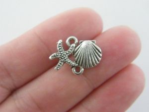 10 Shell and starfish connector charms antique silver tone FF190