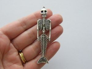 BULK 3 Skeleton mermaid pendant antique silver tone HC70
