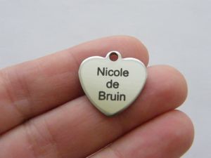BULK 10 Custom made laser engraving - you choose the words heart tag charm 20 x 20mm stainless steel TAG22