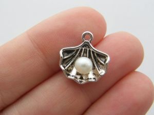 6 Pearl in oyster shell charms antique silver tone FF276